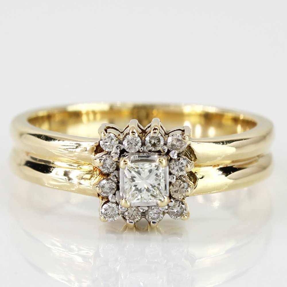 14k Yellow Gold Princess & Round Diamond Cocktail Anniversary / Engagement Ring